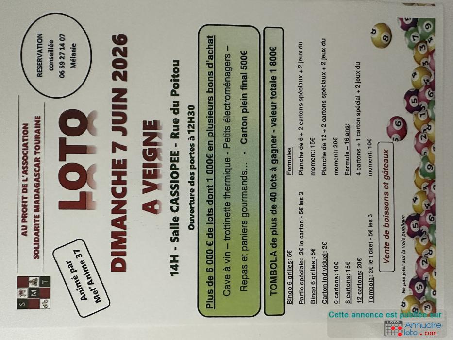 Affiche du loto SUPER LOTO FINALE A 500€ Animé par MELANIE 06.59.27.14.07