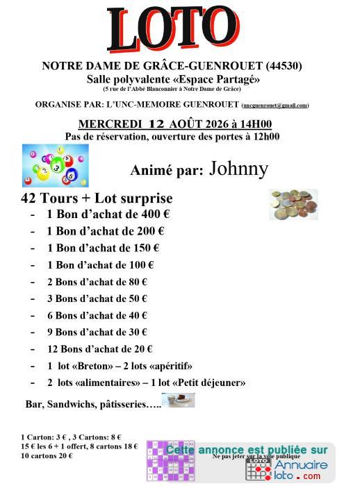 Affiche du loto Loto annuel de l'UNC-Mémoire de Guenrouët