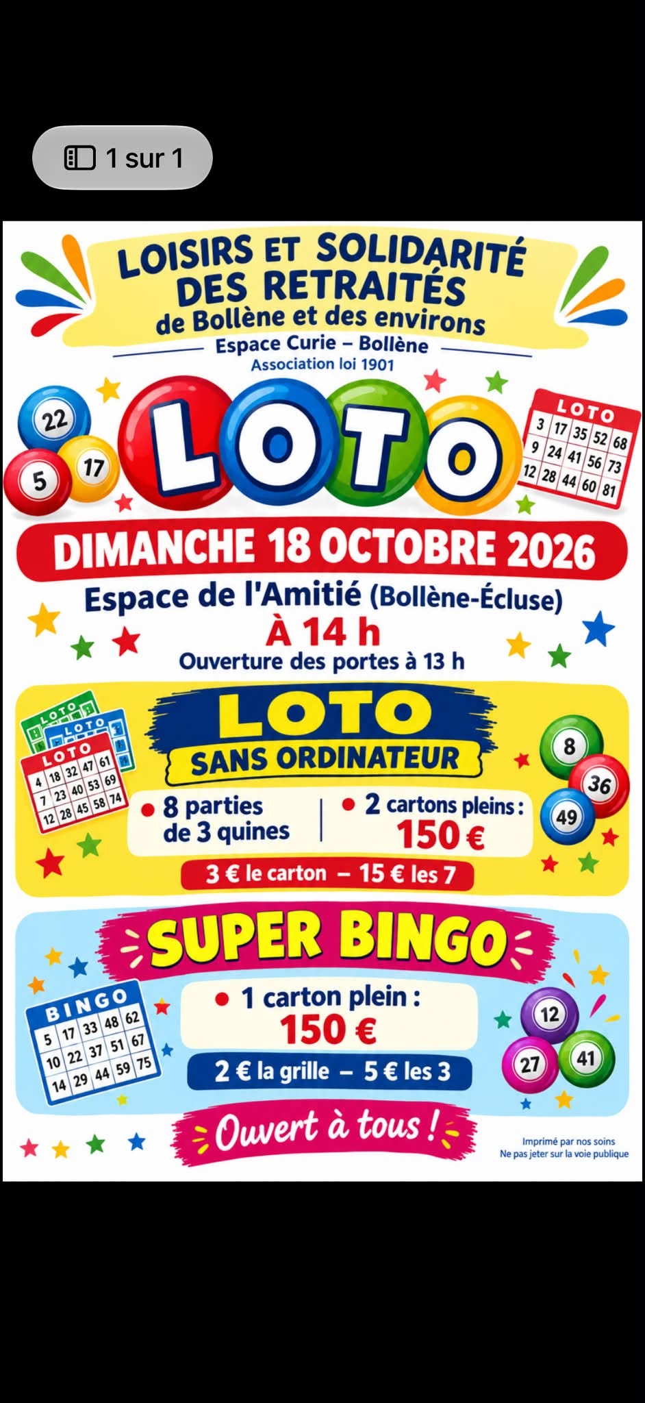 Affiche du loto Loto à Bollène le dimanche 18 octobre