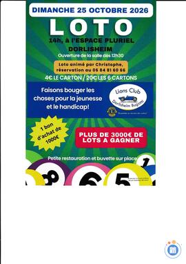 Affiche du loto LOTO LIONS CLUB DORLISHEIM BUGATTI ANIME PAR CHRISTOPHE