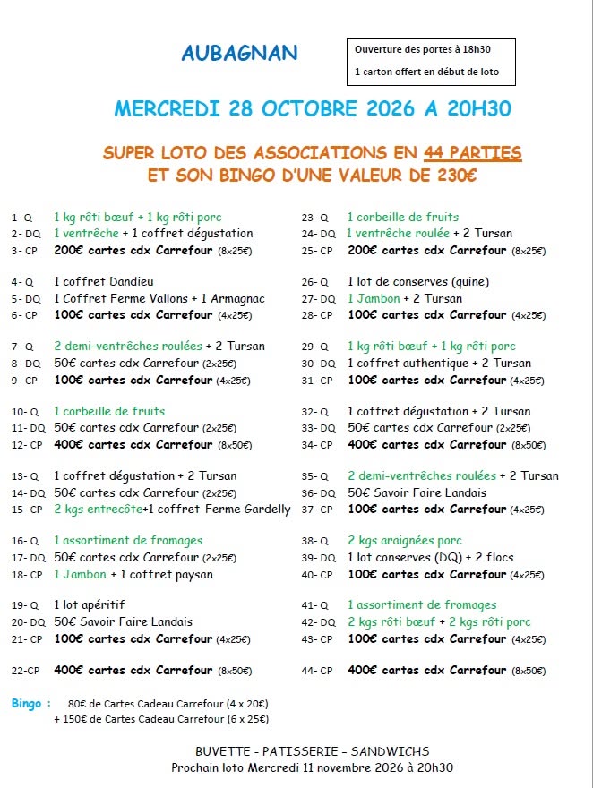 Affiche du loto SUPER LOTO DES ASSOCIATIONS EN 44 PARTIES ET SON BINGO D'UNE VALEUR DE 230€