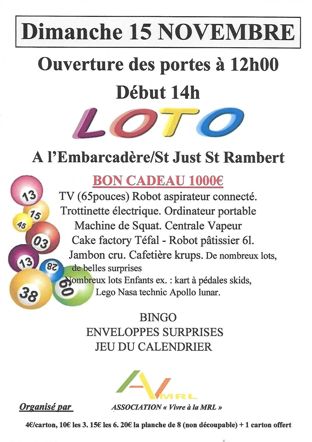 Affiche du loto Loto ASSOCIATION « Vivre à la MRL » à Saint-Just-Saint-Rambert