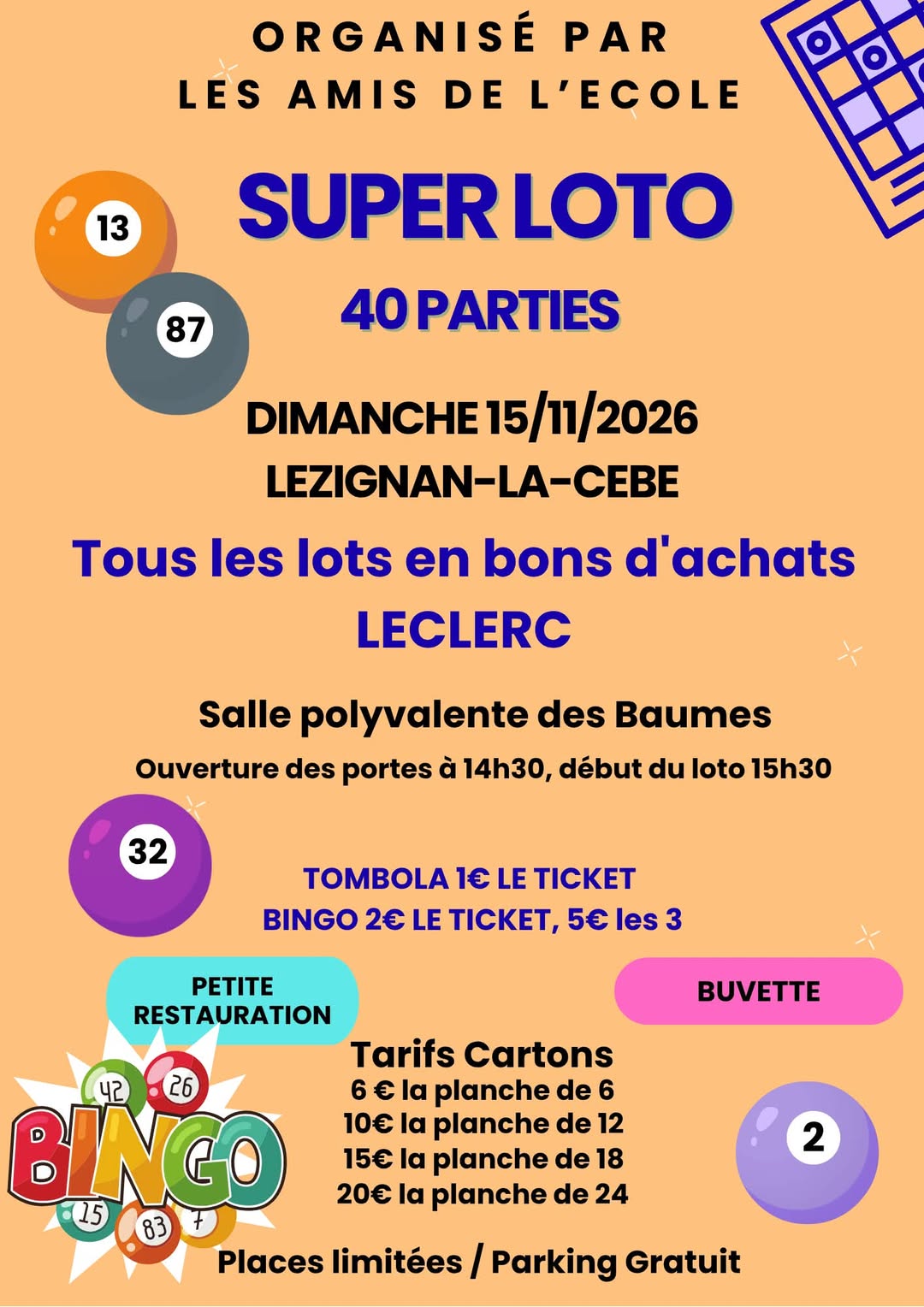 Affiche du loto Loto LES AMIS DE L'ECOLE à Lézignan-la-Cèbe
