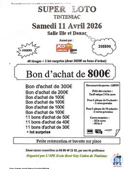 Image du loto Super loto APE école René Guy Cadou Tinténiac avec JCO