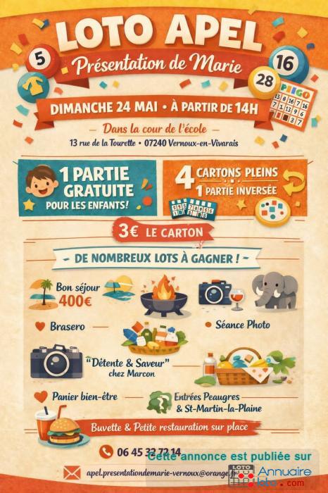 Affiche du loto Loto de l école présentation de Marie